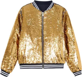 A ARFAR Women Sequin Jackets Flip Striped Collar Glitter Varsity Striped Bomber Sparkly Coat Party Outwear Ladies Shiny Cloth