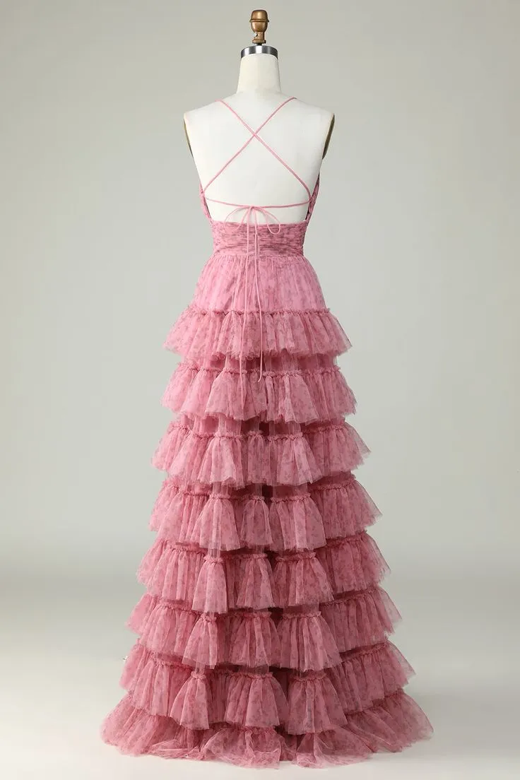 A-Line Spaghetti Straps Layered Tulle Prom Dress with Floral Printed,DP760