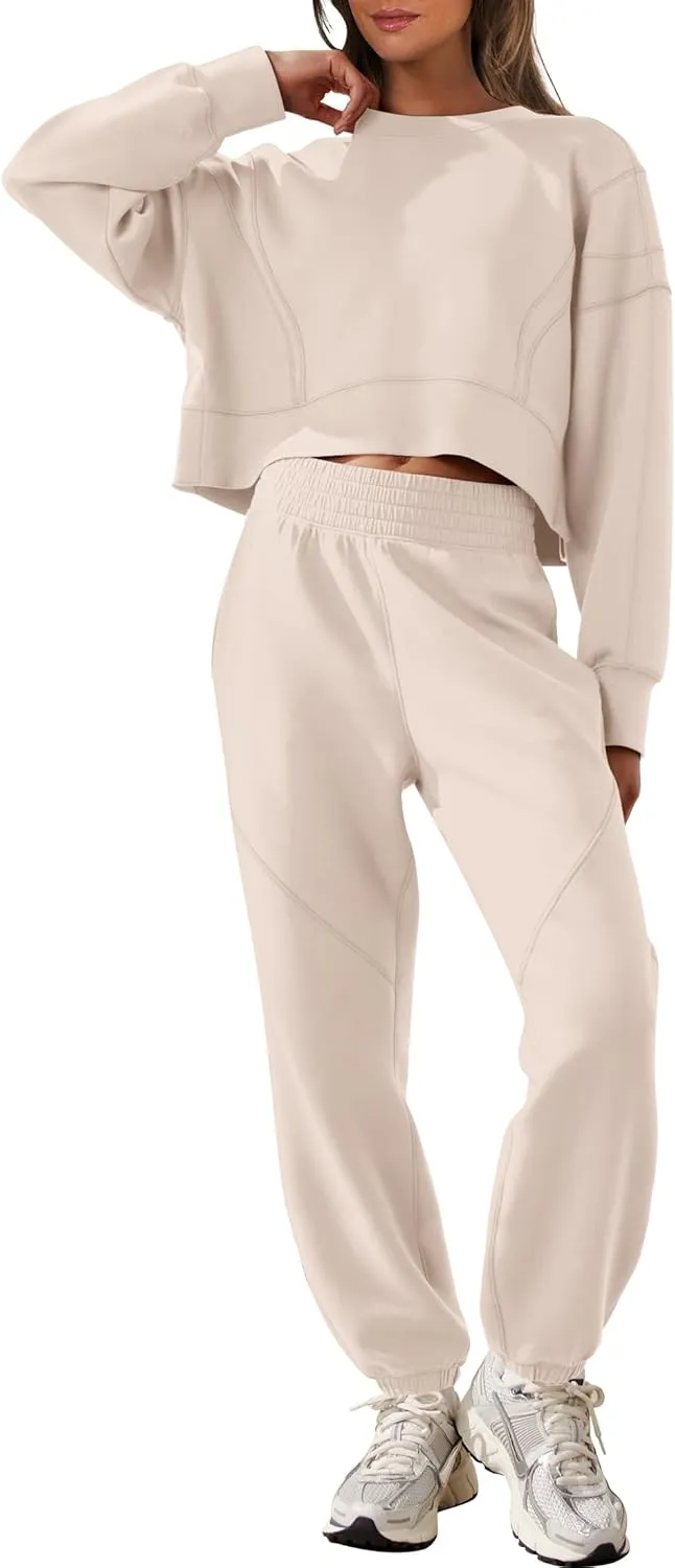 ANRABESS Womens 2 Piece Outfits Lounge Sets Cropped Sweatshirt & Joggers Fashion Sweatsuit Sweat Set 2025 Spring Travel