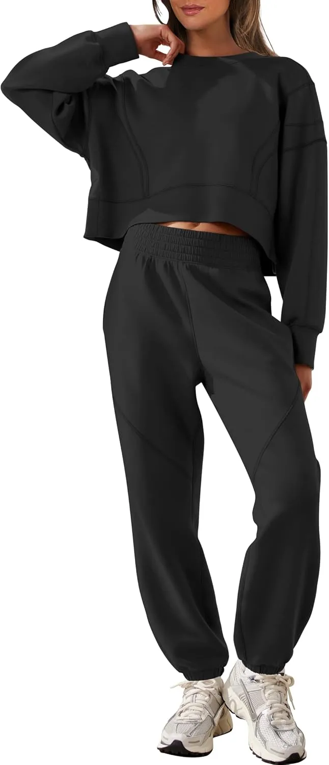 ANRABESS Womens 2 Piece Outfits Lounge Sets Cropped Sweatshirt & Joggers Fashion Sweatsuit Sweat Set 2025 Spring Travel