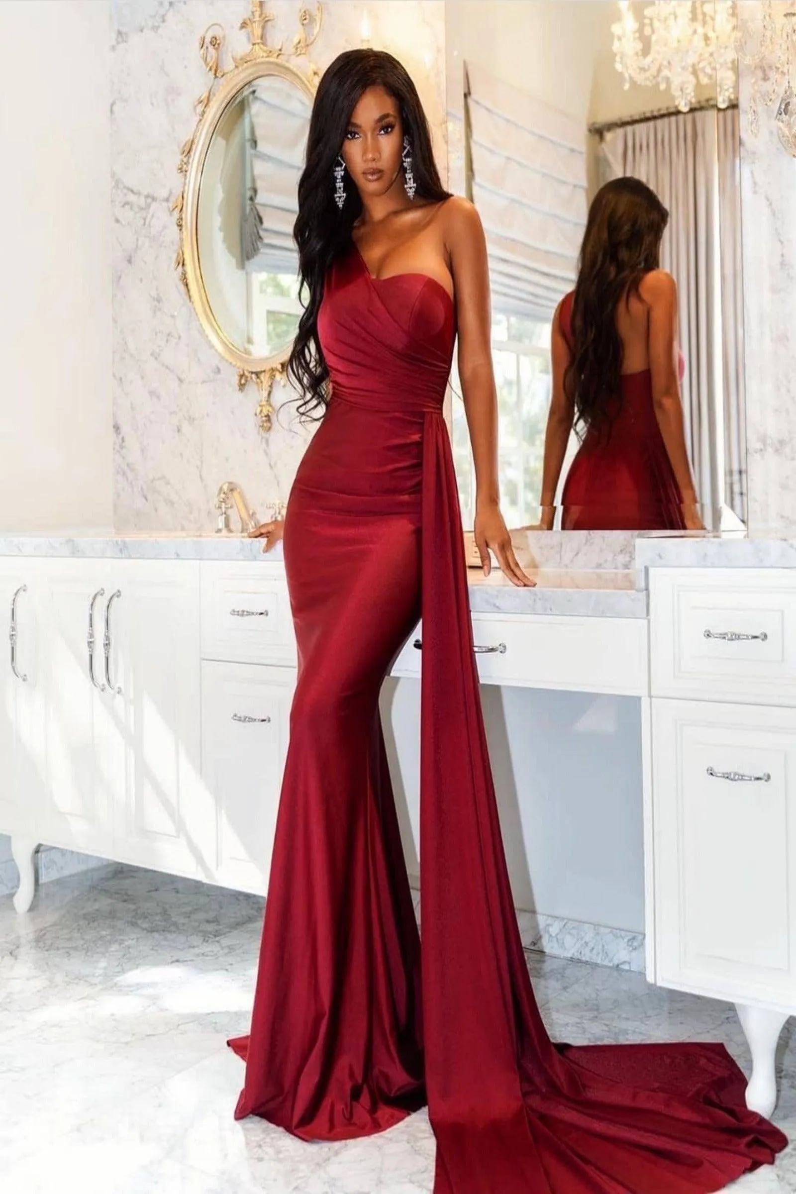AURORA One Shoulder Bridesmaids Maxi Dress with Side Train - Burgundy