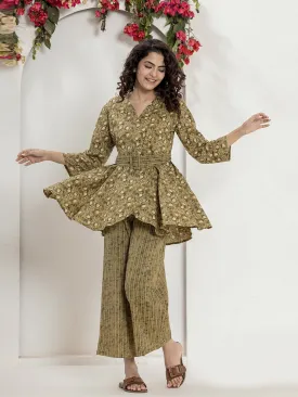 Belt style Green beige Mesh Pure Cotton Hand Printed Loungewear