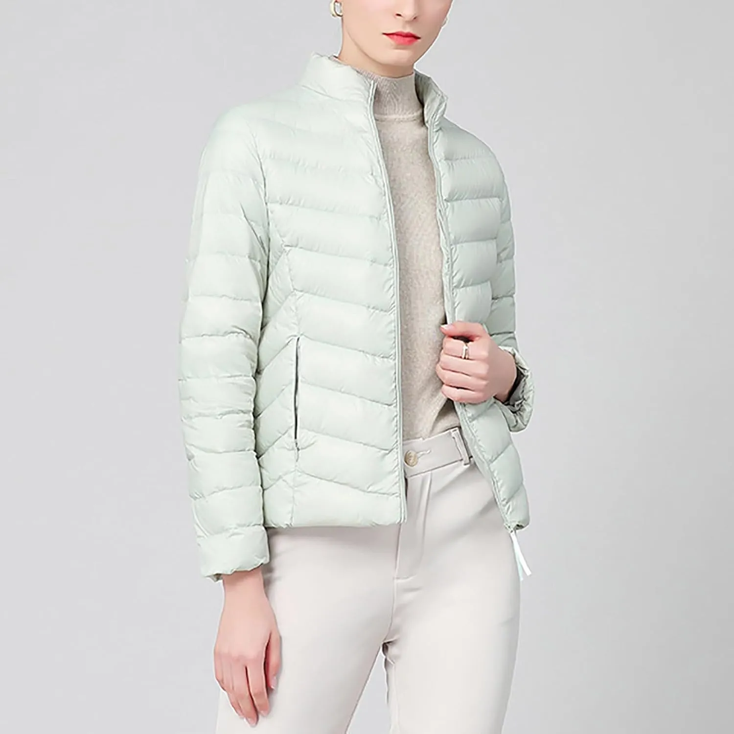 Borniu Women's Lightweight Puffer Jacket Stand Collar Zip Up Quilted Winter Coat Casual Slim Fit Warm Down Jackets
