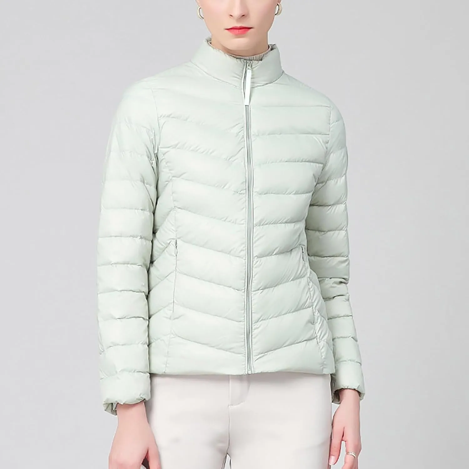 Borniu Women's Lightweight Puffer Jacket Stand Collar Zip Up Quilted Winter Coat Casual Slim Fit Warm Down Jackets