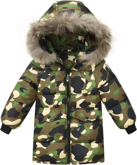Boys Girls Long Heavyweight Hooded Puffer Jacket Camouflage Winter Coat Kids Insulated Parka with Fur Hood Down Coat