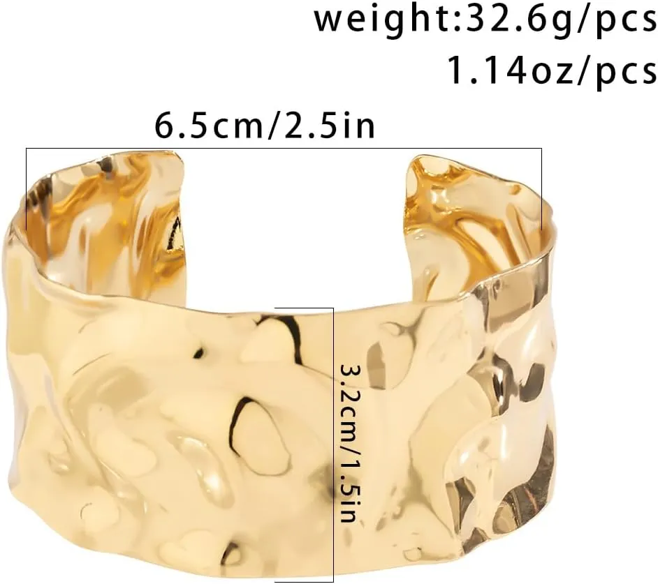 COLORFUL BLING Minimalist Hammered Irregular Gold Cuff Bracelets for Women Open Wide Chunky Cuff Statement Wrap Bangle Bracelet