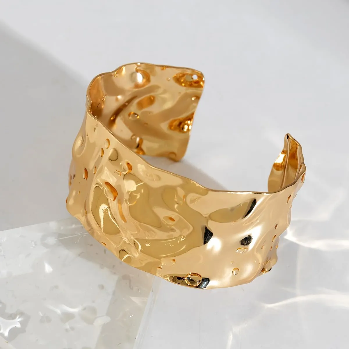 COLORFUL BLING Minimalist Hammered Irregular Gold Cuff Bracelets for Women Open Wide Chunky Cuff Statement Wrap Bangle Bracelet