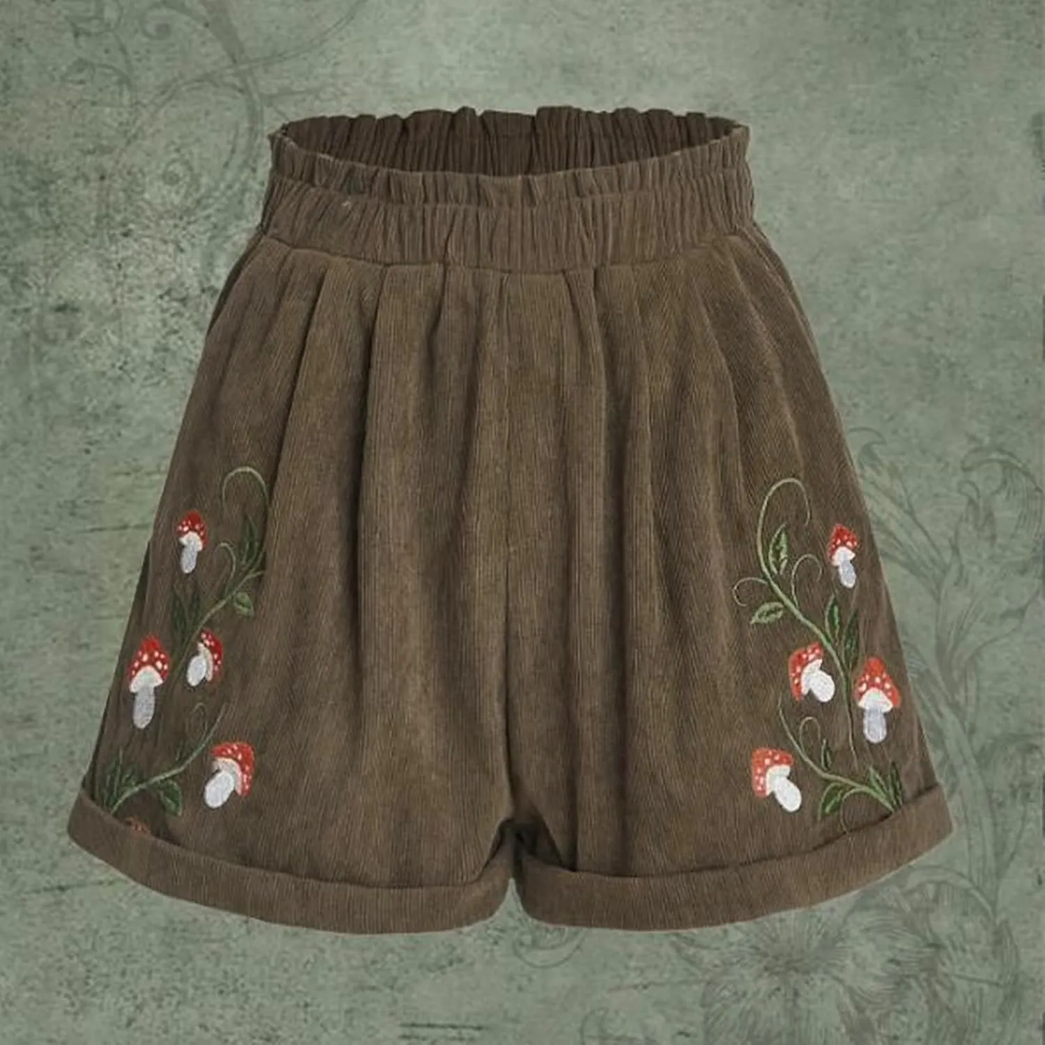 Corduroy Shorts for Women Mushroom Embroidery Lounge Shorts Elastic High Waisted Straight Leg Sweat Shorts