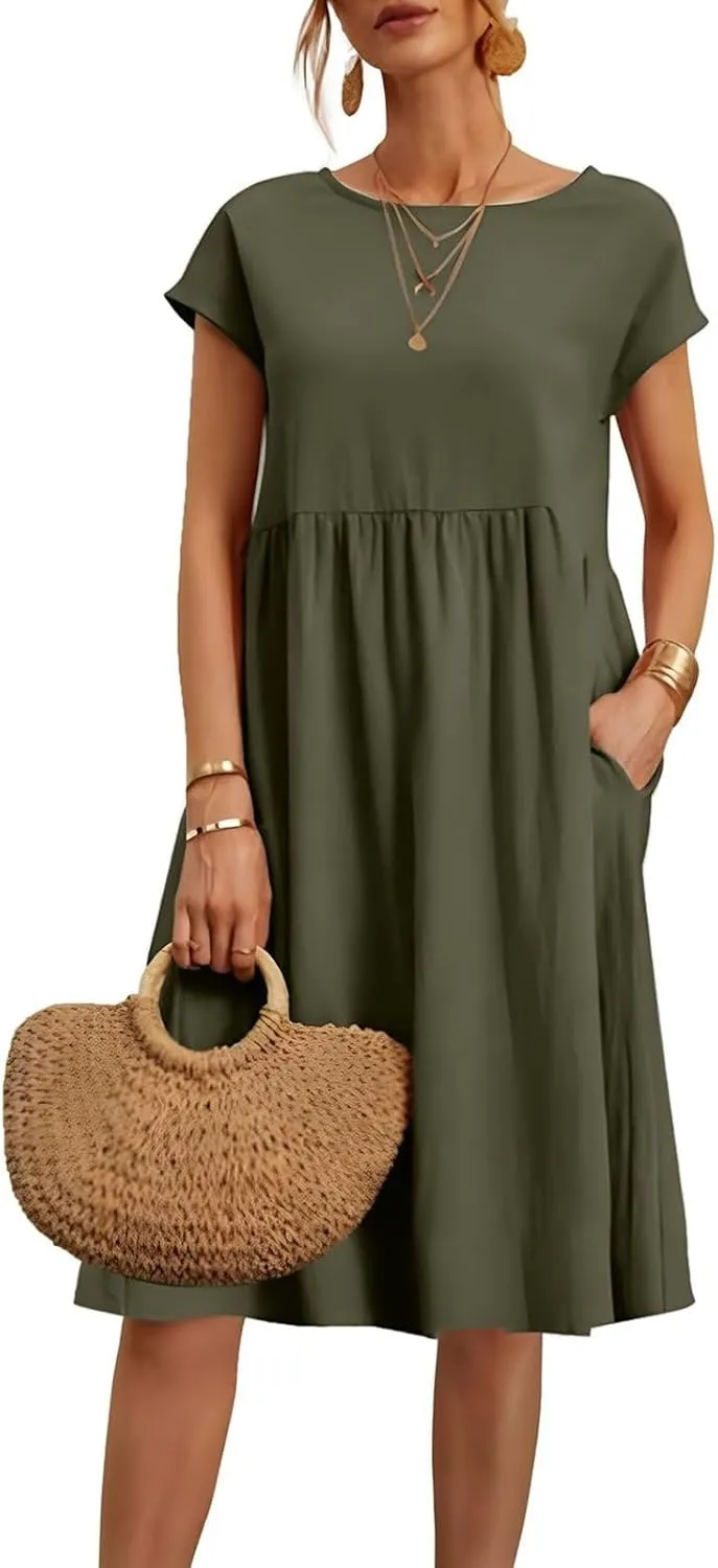 Cotton Dresses for Women 2024 Summer Linen Casual Beach Midi Dress Short Sleeve Loose Flowy Sundress with Pockets