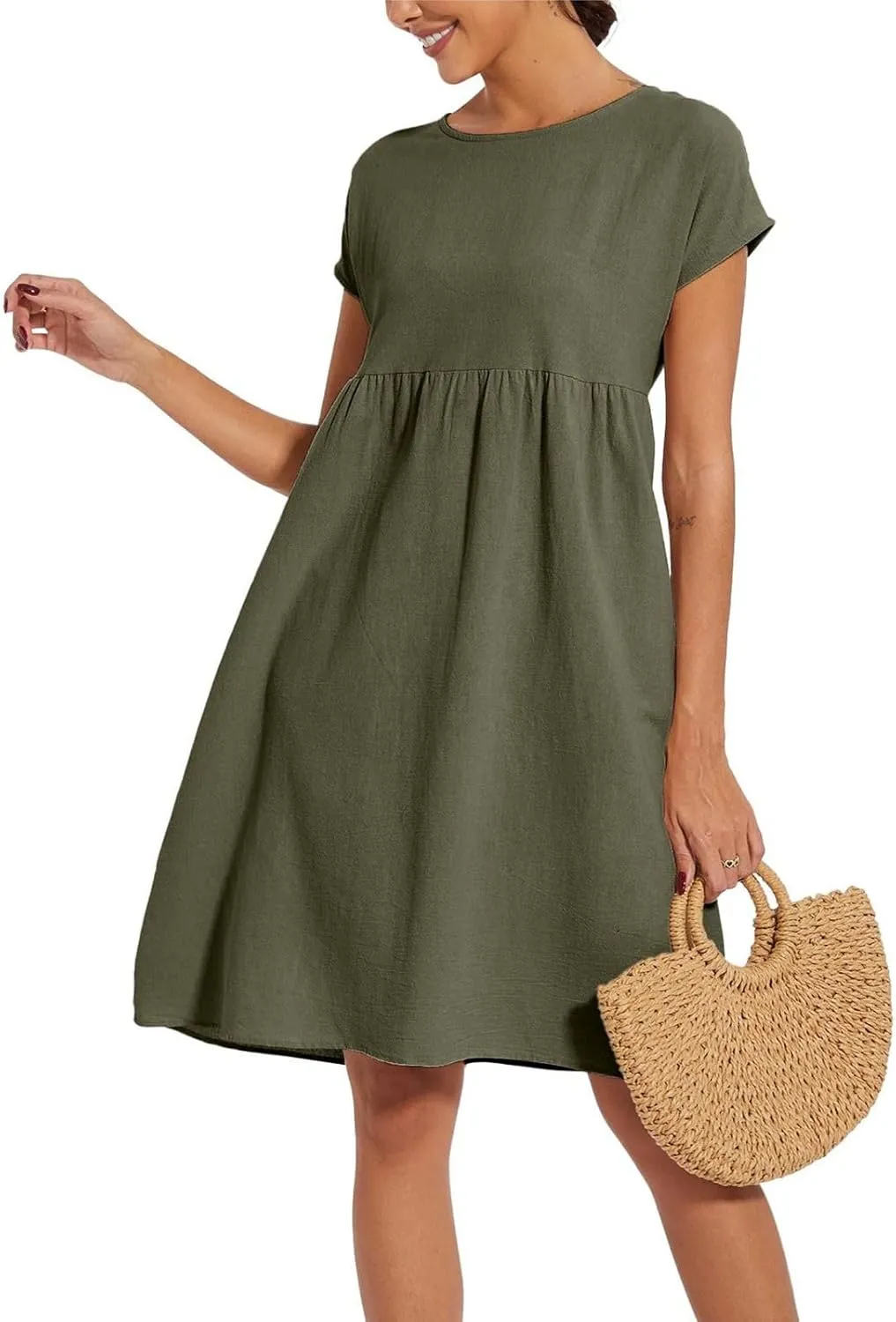 Cotton Dresses for Women 2024 Summer Linen Casual Beach Midi Dress Short Sleeve Loose Flowy Sundress with Pockets