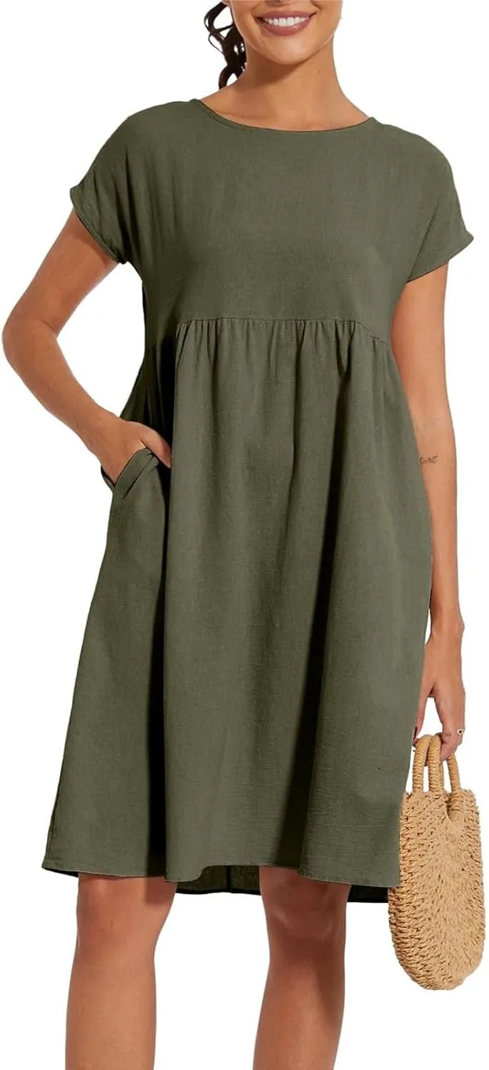 Cotton Dresses for Women 2024 Summer Linen Casual Beach Midi Dress Short Sleeve Loose Flowy Sundress with Pockets