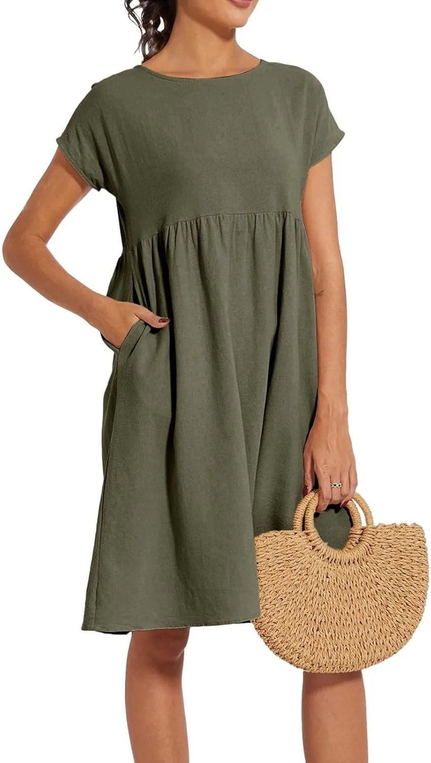 Cotton Dresses for Women 2024 Summer Linen Casual Beach Midi Dress Short Sleeve Loose Flowy Sundress with Pockets