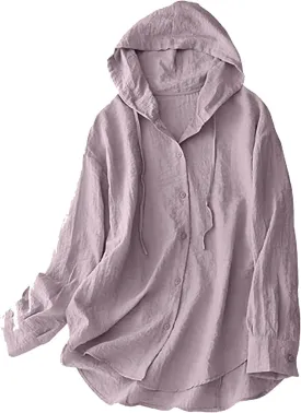 Cotton Linen Hoodie Tops Womens 2025 Summer Hooded Long Sleeve Shirts Ladies Dressy Casual Button Down Blouses Tees