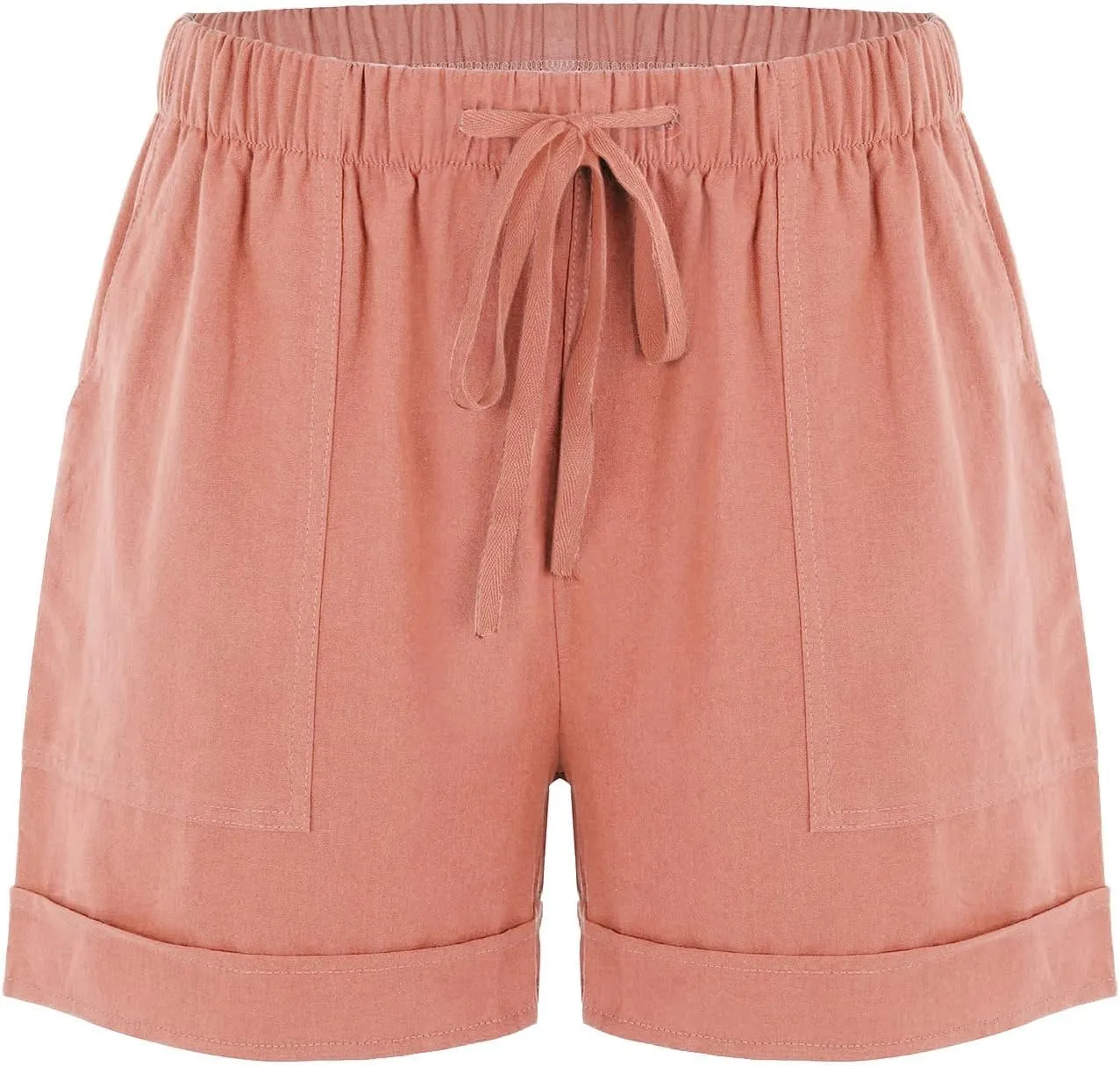 Cotton Linen Shorts for Women 2023 Loose Plain Summer Shorts Folded Hem Drawstring Elastic Waist Shorts with Pockets
