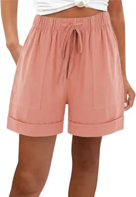 Cotton Linen Shorts for Women 2023 Loose Plain Summer Shorts Folded Hem Drawstring Elastic Waist Shorts with Pockets