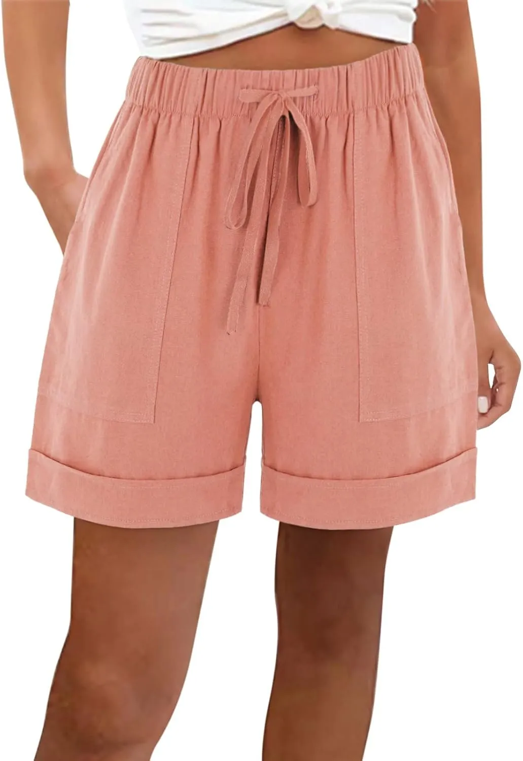 Cotton Linen Shorts for Women 2023 Loose Plain Summer Shorts Folded Hem Drawstring Elastic Waist Shorts with Pockets
