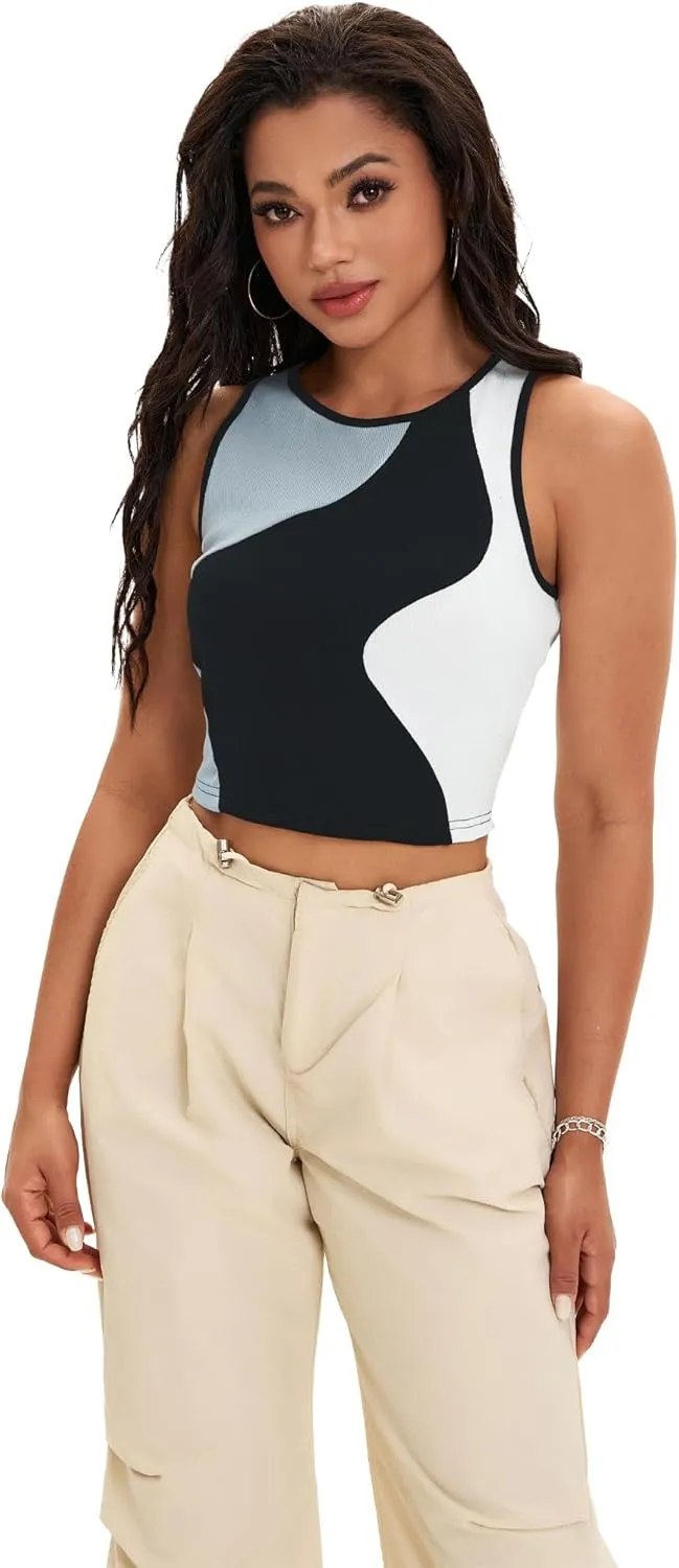 Cropped Tank Tops for Women Summer Color Block Ribbed Sleeveless Tops Basic Casual Going Out Tops