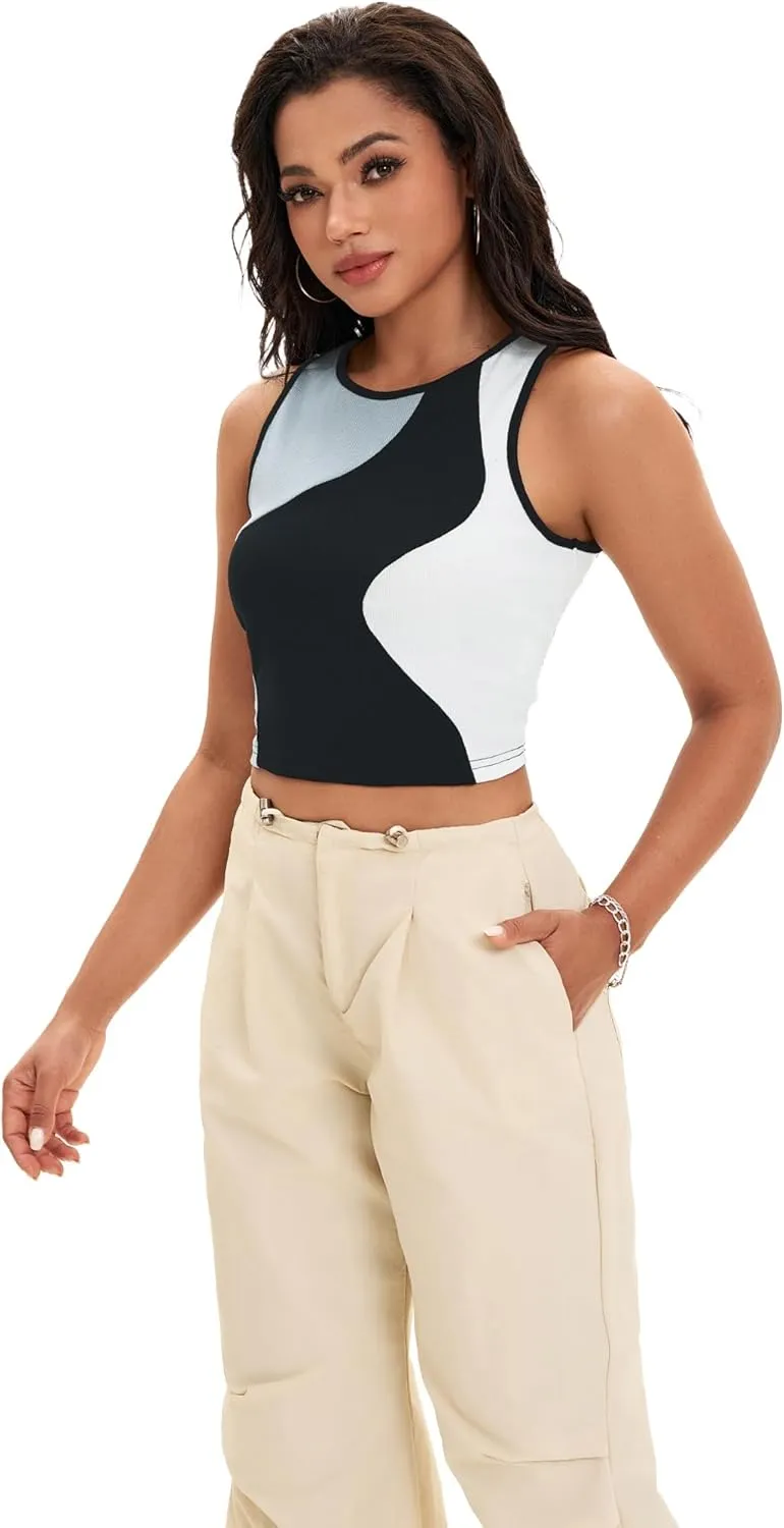 Cropped Tank Tops for Women Summer Color Block Ribbed Sleeveless Tops Basic Casual Going Out Tops