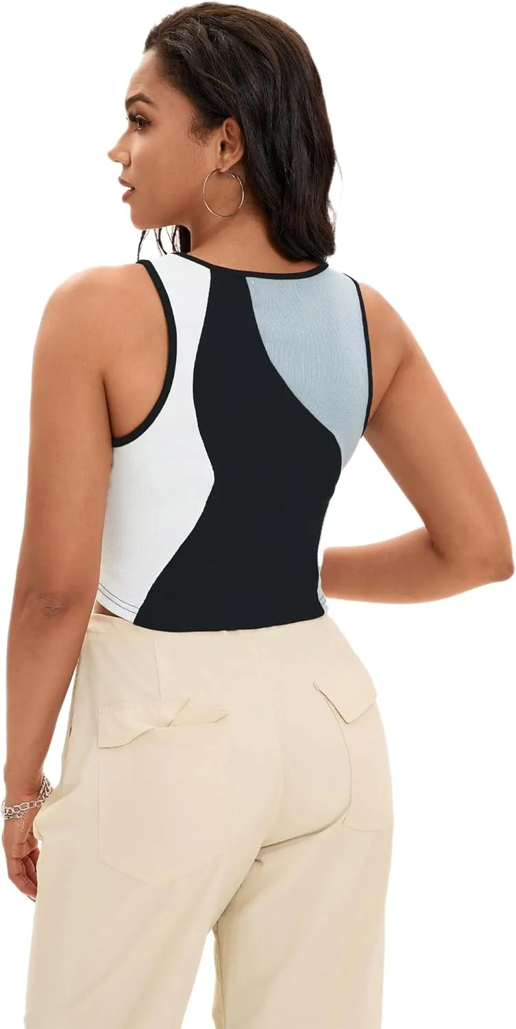Cropped Tank Tops for Women Summer Color Block Ribbed Sleeveless Tops Basic Casual Going Out Tops