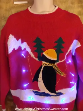 Cute 80s Skiing Penguin Light Up Ugly Xmas Sweater