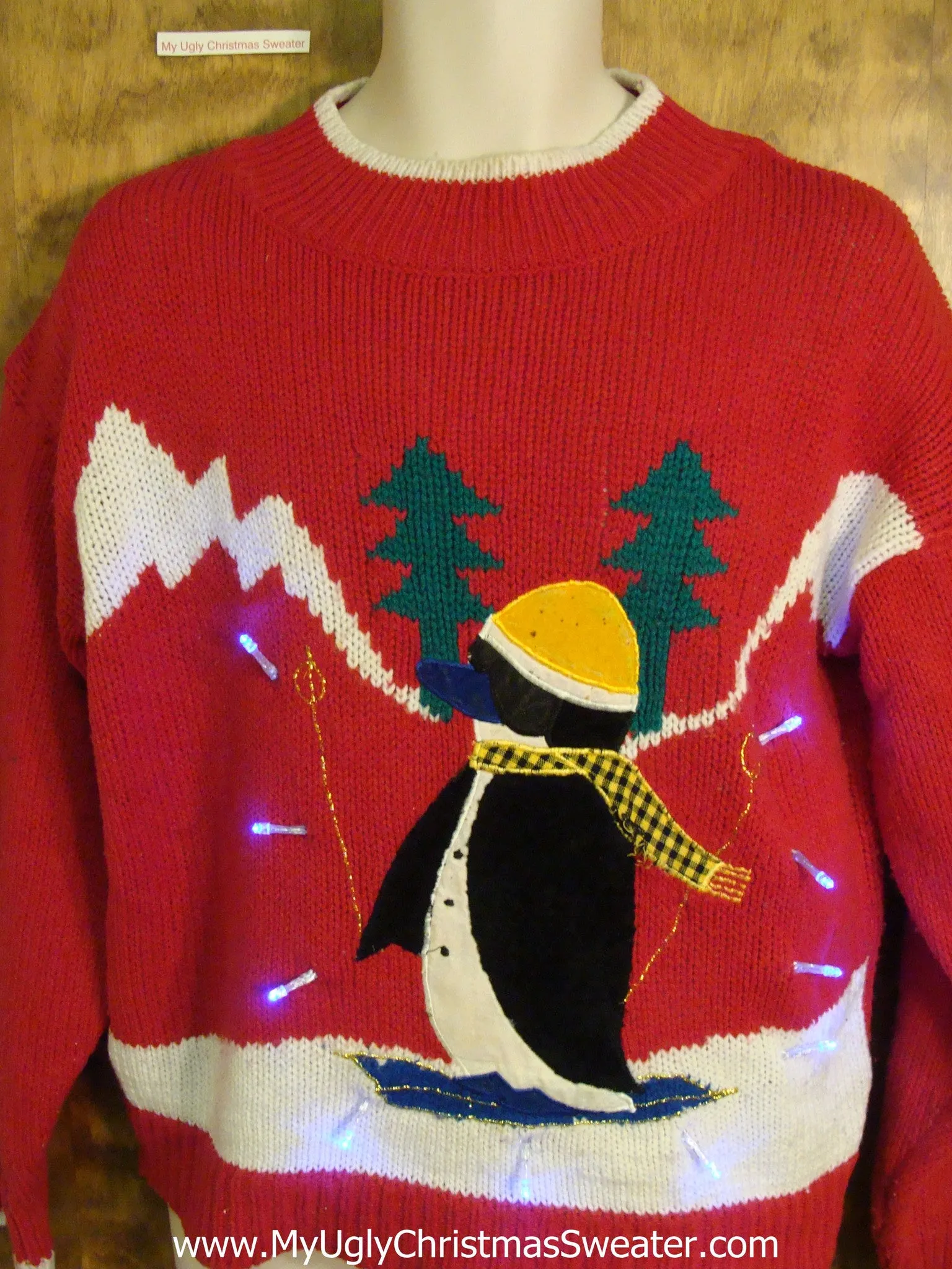 Cute 80s Skiing Penguin Light Up Ugly Xmas Sweater