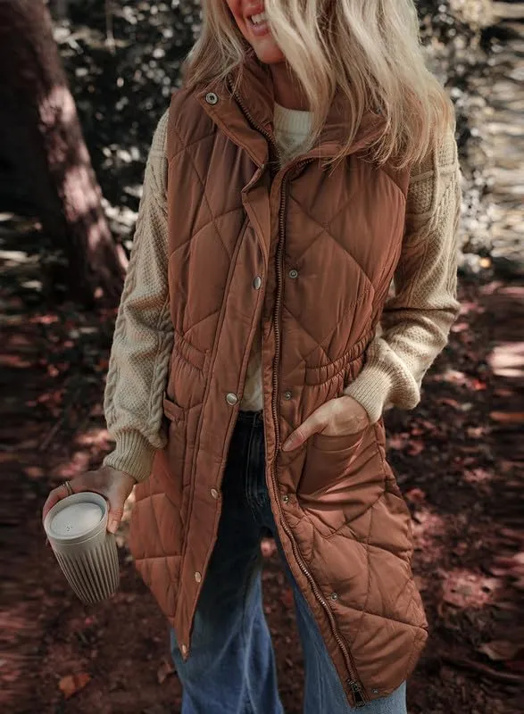 Dokotoo Women's Casual Winter Long Puffer Vest Stand Collar Sleeveless Puffy Jackets Coat with Pockets