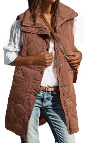 Dokotoo Women's Casual Winter Long Puffer Vest Stand Collar Sleeveless Puffy Jackets Coat with Pockets