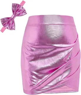 Girls Metallic Skirts Sparkle Shiny Toddler Baby Mini Ruched Skirts PU Faux Leather Short Skirt with Cute Headbands