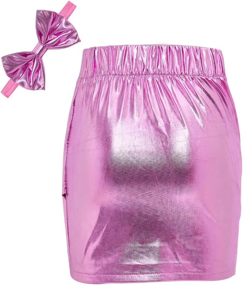 Girls Metallic Skirts Sparkle Shiny Toddler Baby Mini Ruched Skirts PU Faux Leather Short Skirt with Cute Headbands