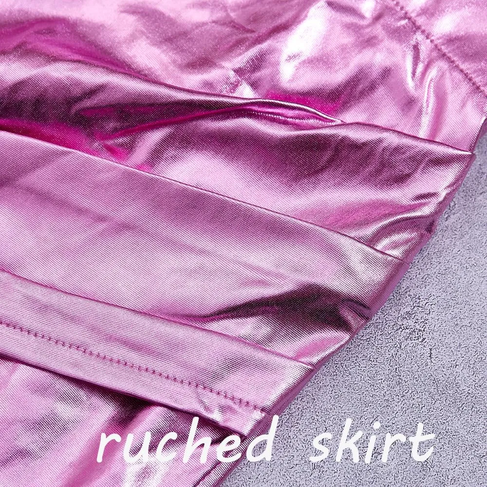 Girls Metallic Skirts Sparkle Shiny Toddler Baby Mini Ruched Skirts PU Faux Leather Short Skirt with Cute Headbands