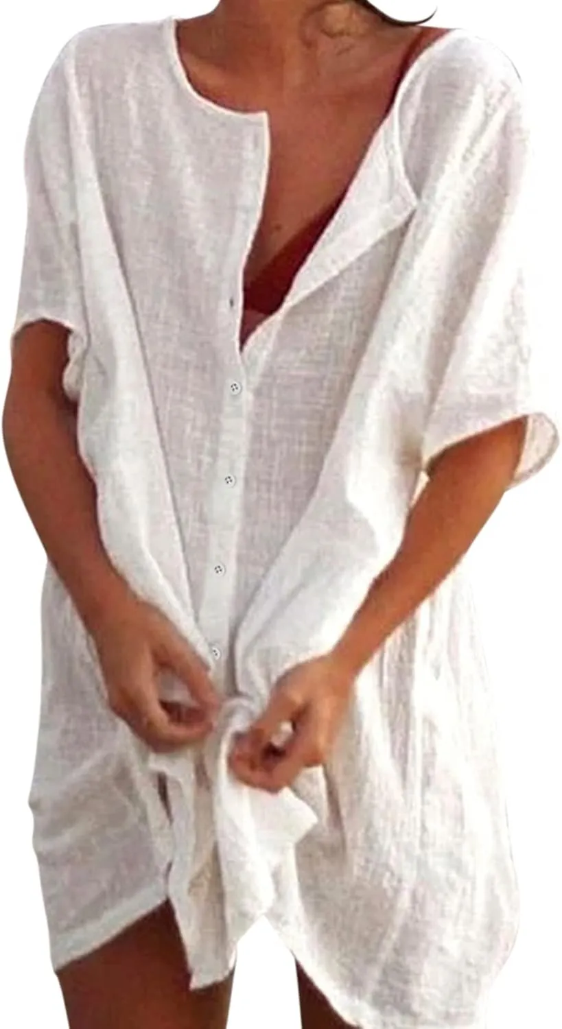 GOKKILRW Women's Swimsuit Coverup Shirt Dress Button Down Short Sleeve Tunics Tops Bathing Suit Cover Up Vacation Beachwear
