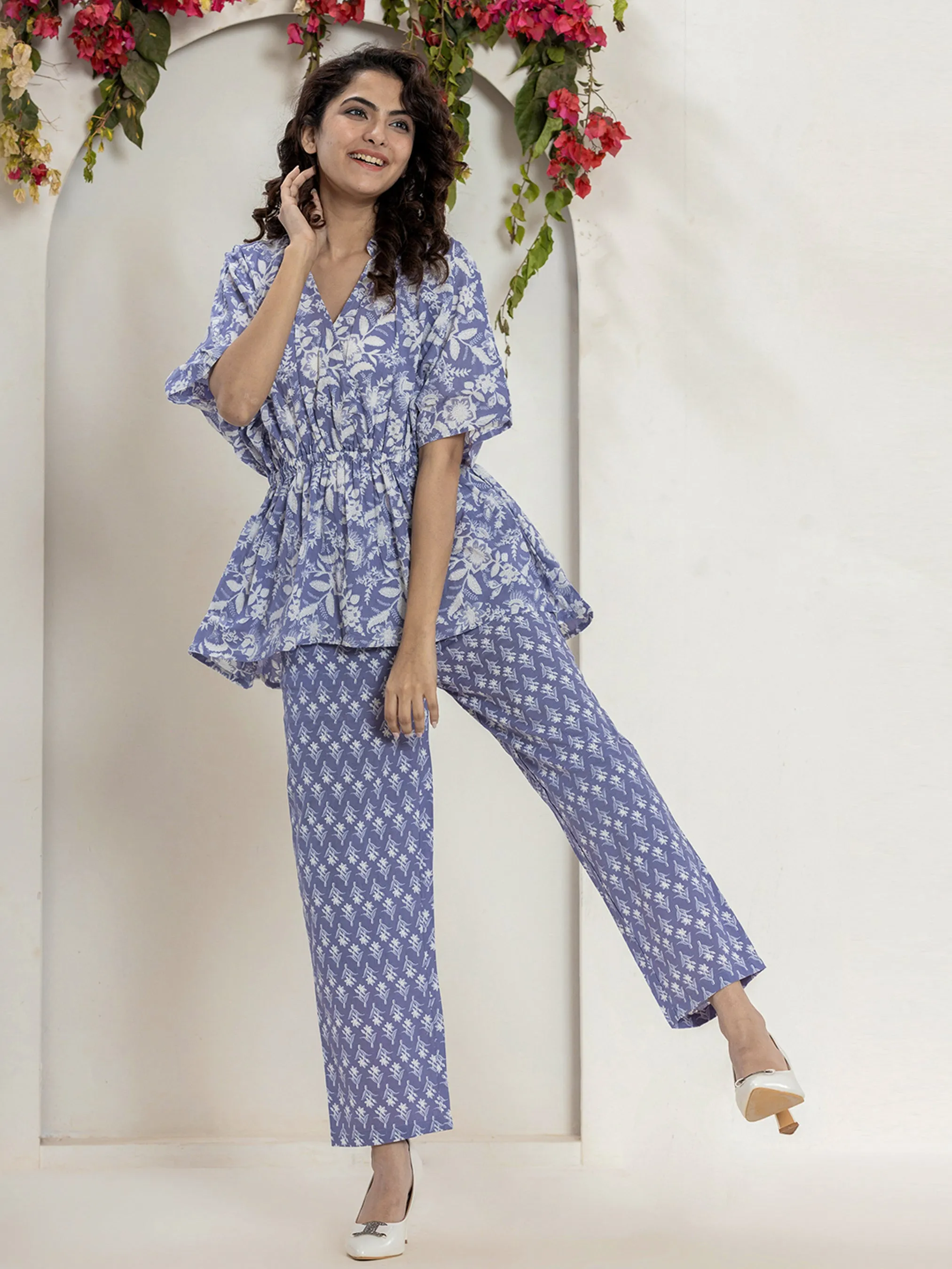 High Low Steel Blue Pure cotton Hand Printed Loungewear