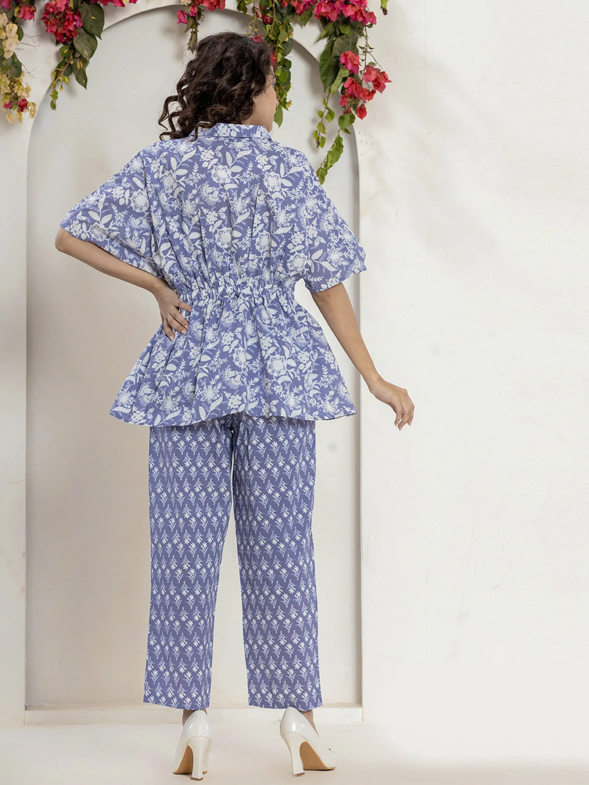High Low Steel Blue Pure cotton Hand Printed Loungewear