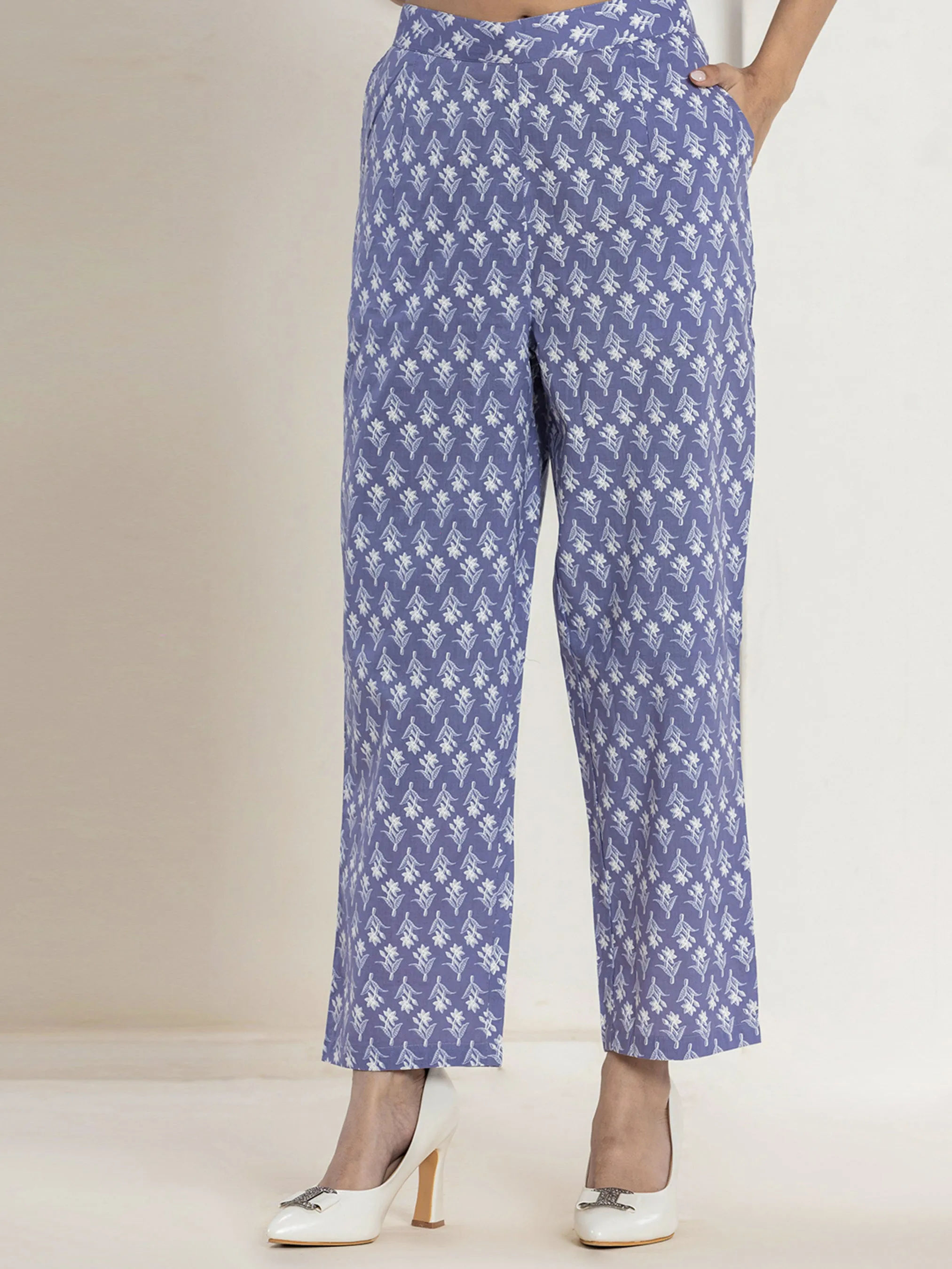 High Low Steel Blue Pure cotton Hand Printed Loungewear
