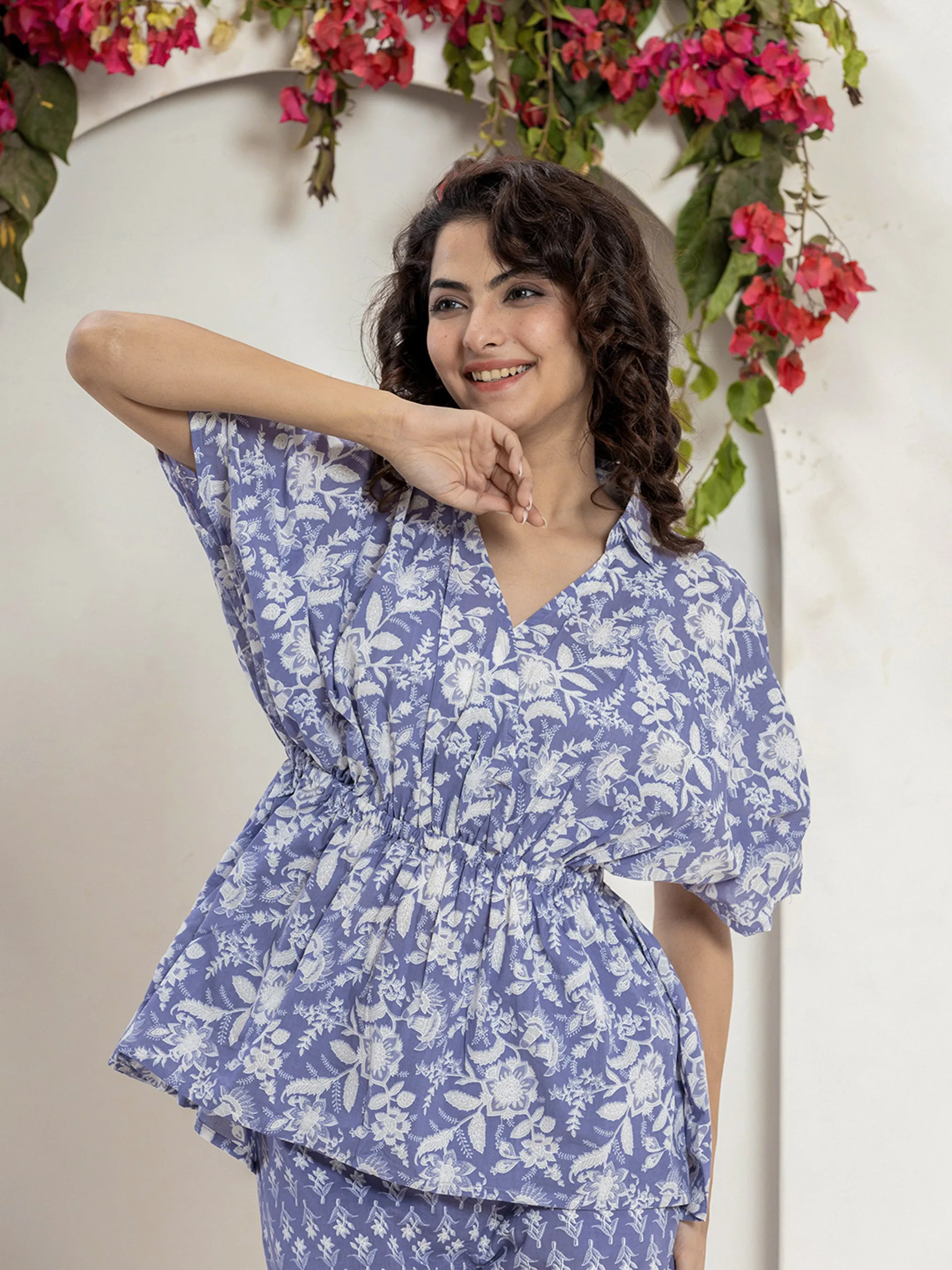 High Low Steel Blue Pure cotton Hand Printed Loungewear