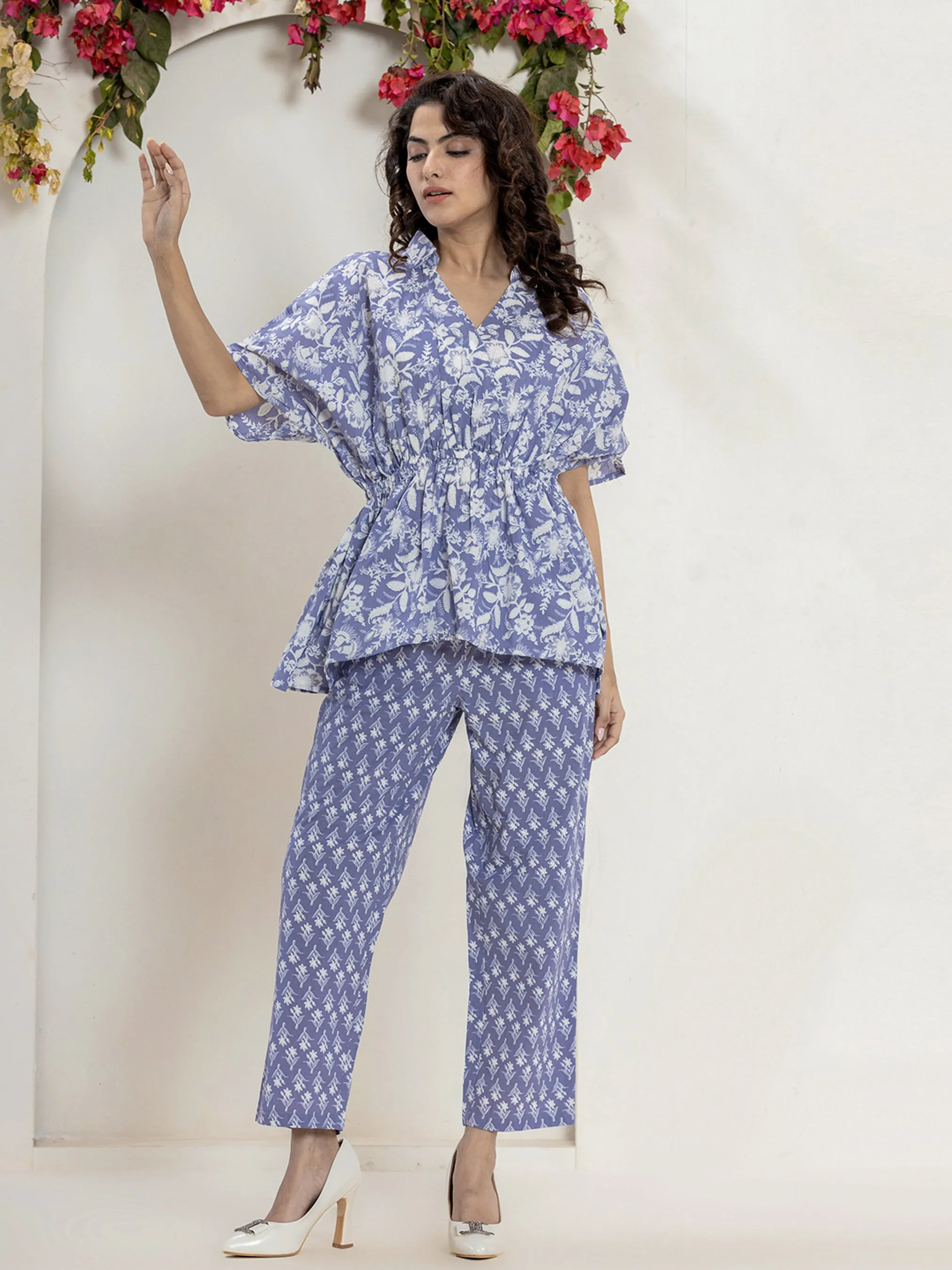 High Low Steel Blue Pure cotton Hand Printed Loungewear