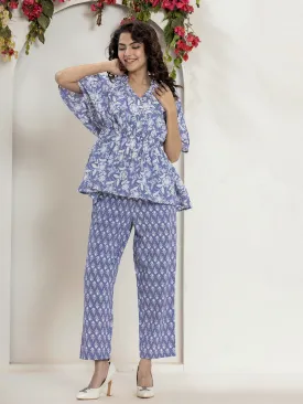 High Low Steel Blue Pure cotton Hand Printed Loungewear