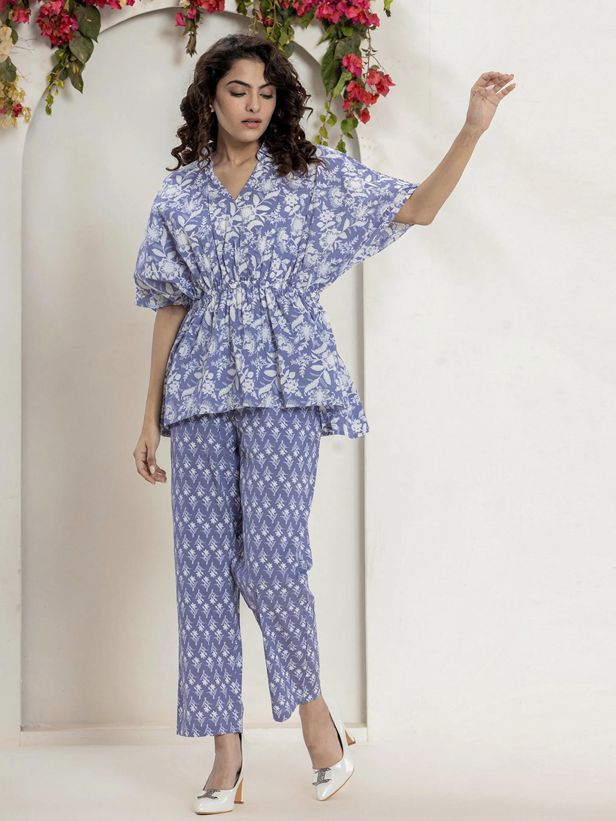 High Low Steel Blue Pure cotton Hand Printed Loungewear