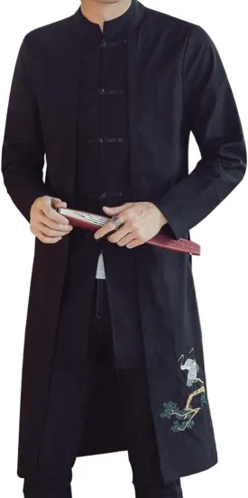 HZCX FASHION Men's Vintage Cotton Linen Stand Collar Frog-Button Trench Coats