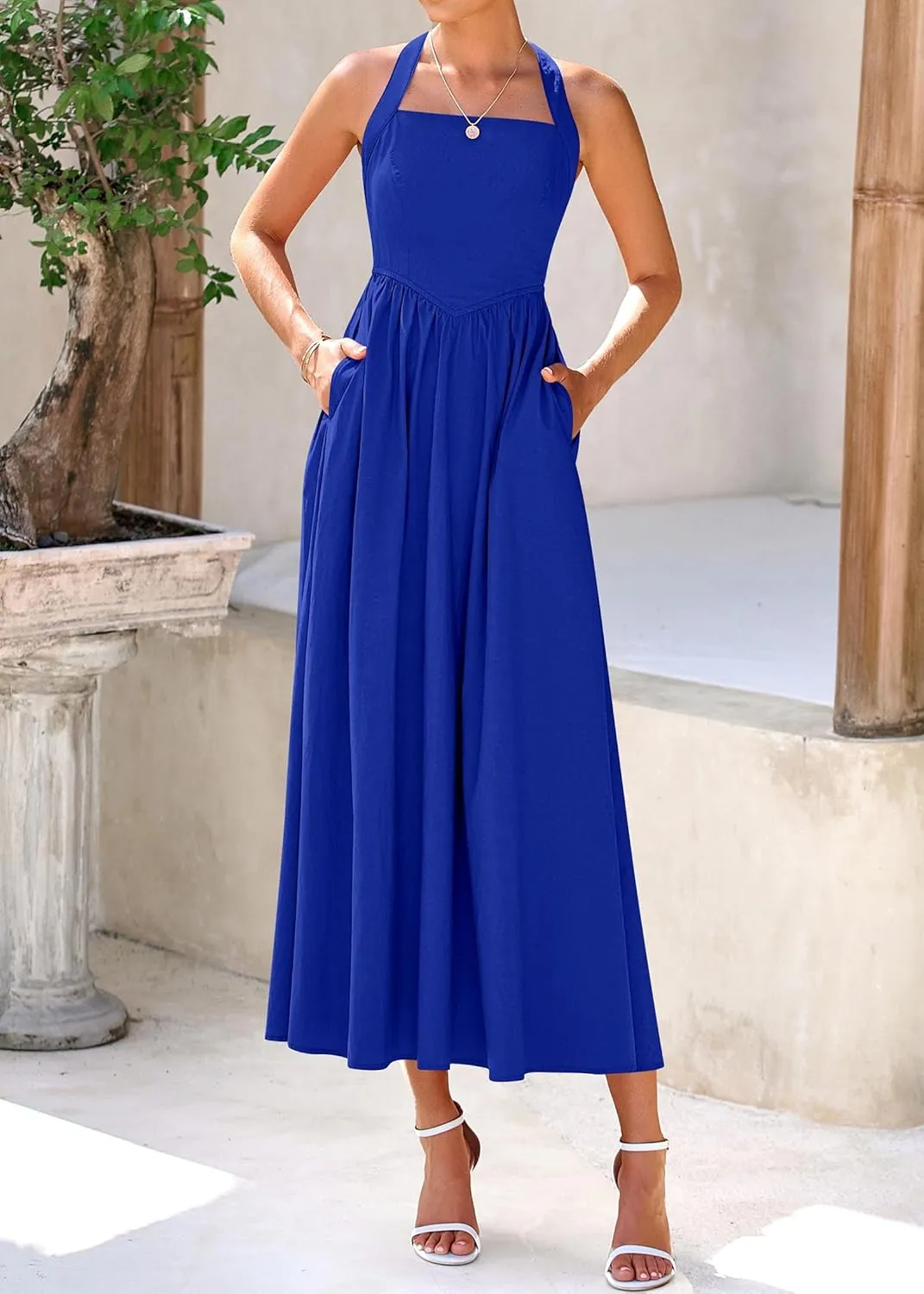 KIRUNDO Women Summer Sleeveless Halter Maxi Dress Sundress 2025 Casual Flowy Wedding Guest Cocktail Beach Vacation Dresses