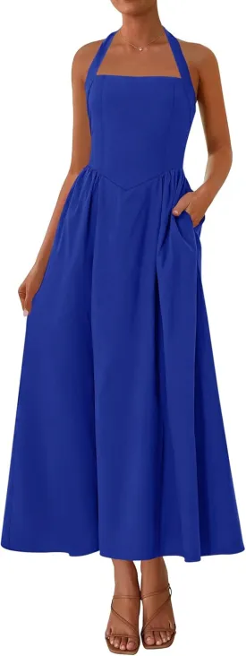 KIRUNDO Women Summer Sleeveless Halter Maxi Dress Sundress 2025 Casual Flowy Wedding Guest Cocktail Beach Vacation Dresses