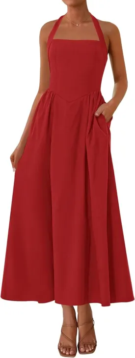 KIRUNDO Women Summer Sleeveless Halter Maxi Dress Sundress 2025 Casual Flowy Wedding Guest Cocktail Beach Vacation Dresses