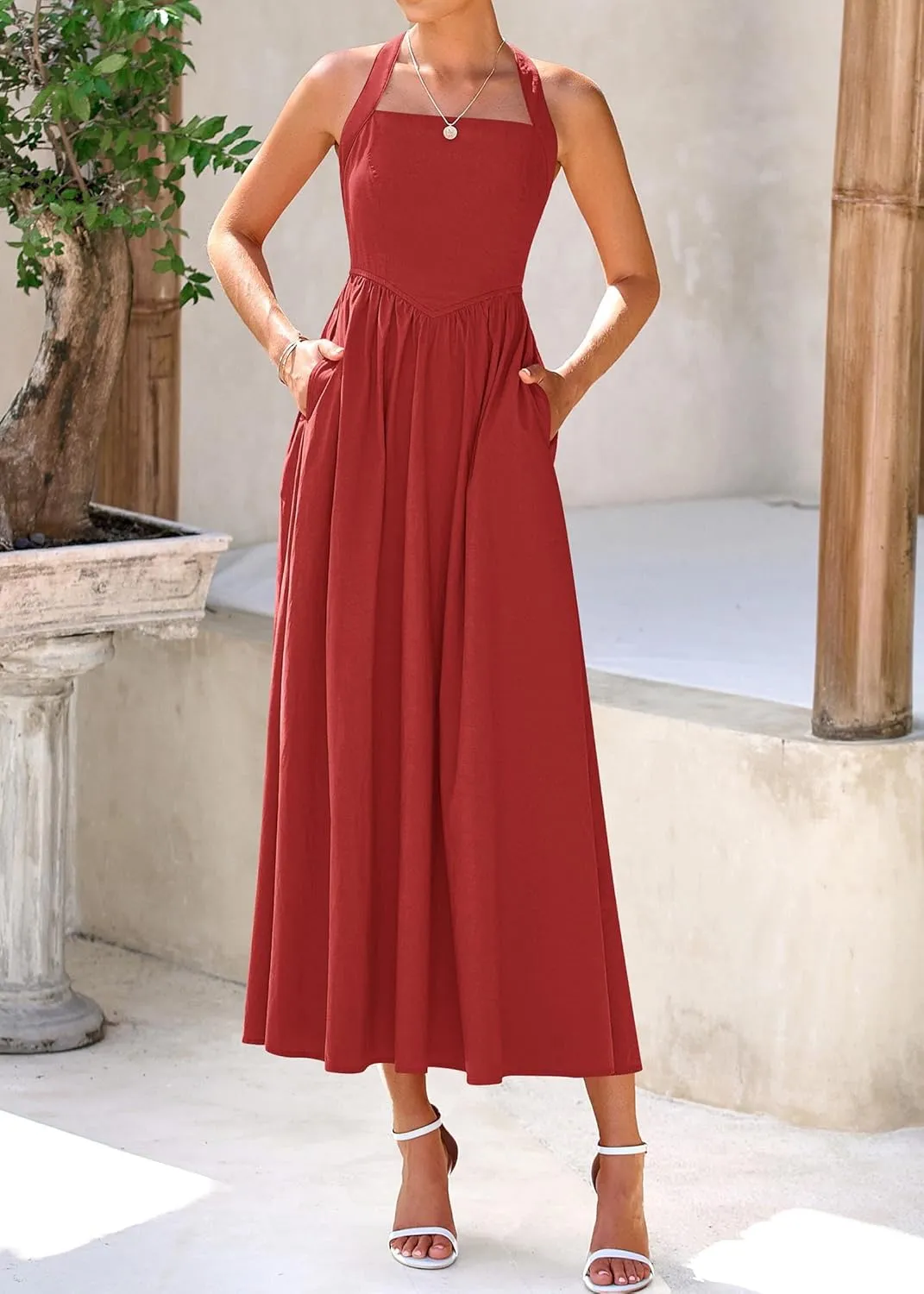KIRUNDO Women Summer Sleeveless Halter Maxi Dress Sundress 2025 Casual Flowy Wedding Guest Cocktail Beach Vacation Dresses
