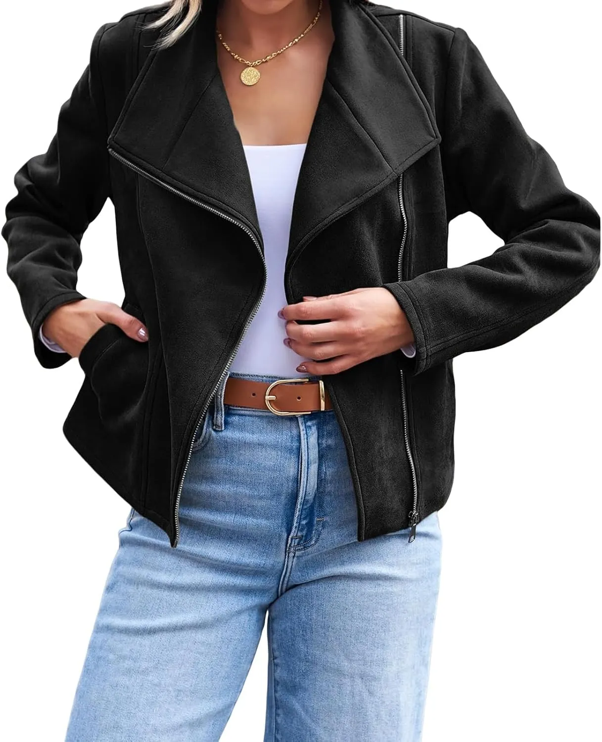 Kubbon Womens Faux Leather Jackets Faux Suede Motorcycle Jackets Coats Casual Zipper Cropped Bomber Biker Moto Coat Outwear