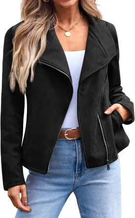 Kubbon Womens Faux Leather Jackets Faux Suede Motorcycle Jackets Coats Casual Zipper Cropped Bomber Biker Moto Coat Outwear