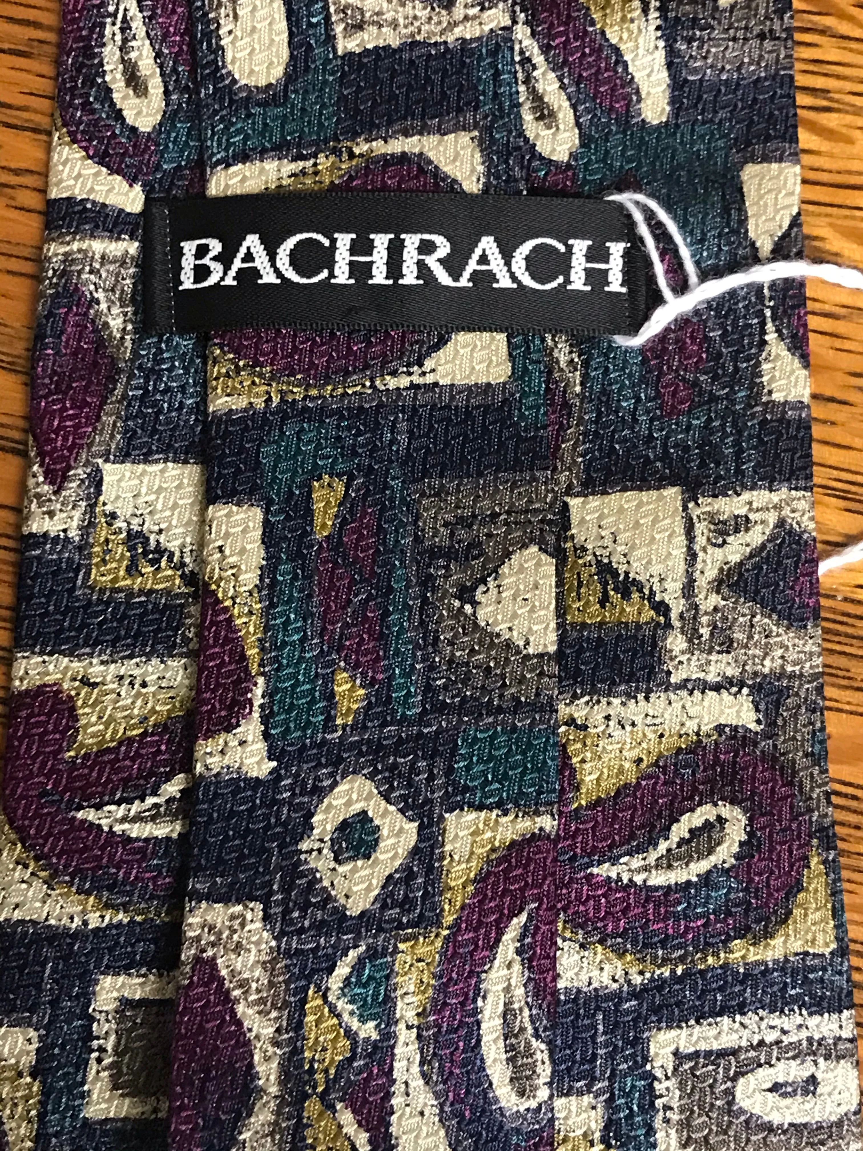 Mens BACHRACH Italy Silk Neckware Tie Necktie Geometric Paisley Green Purple Gold
