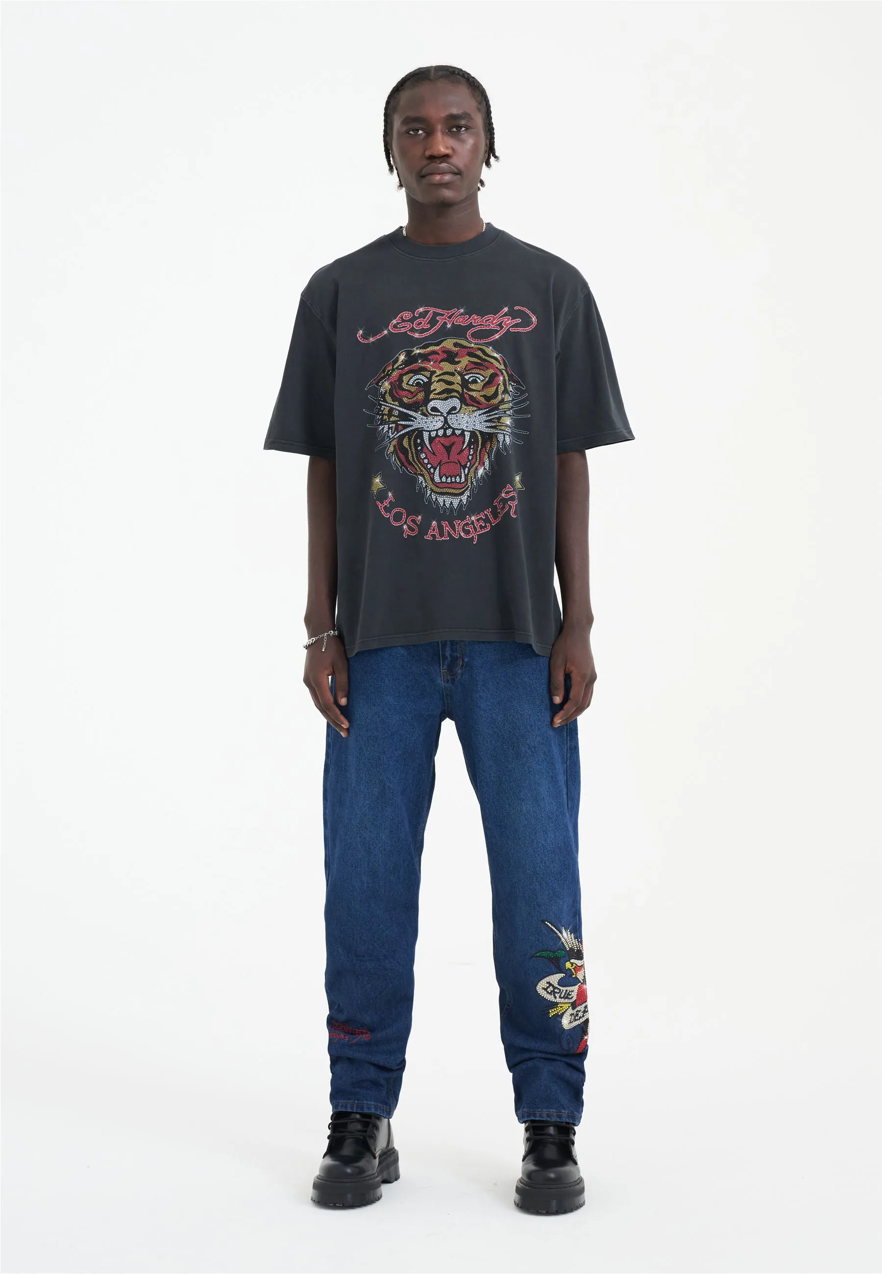 Mens La Tiger Vintage Diamante Tshirt - Black