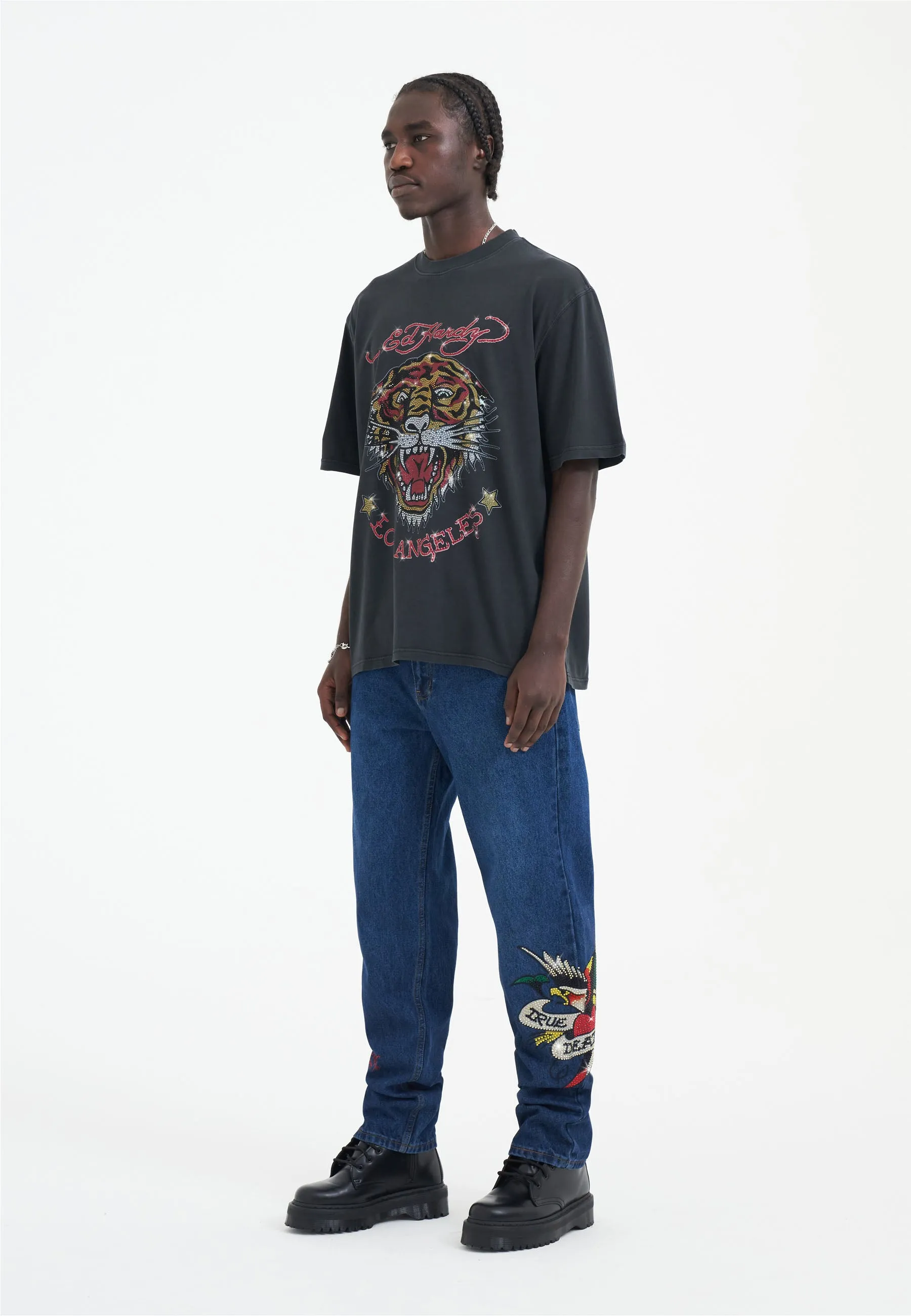 Mens La Tiger Vintage Diamante Tshirt - Black