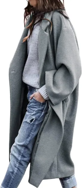 MOLERFO Women's Oversized Notched Collar Wool Blend Single Breast Midi Long Trench Coat