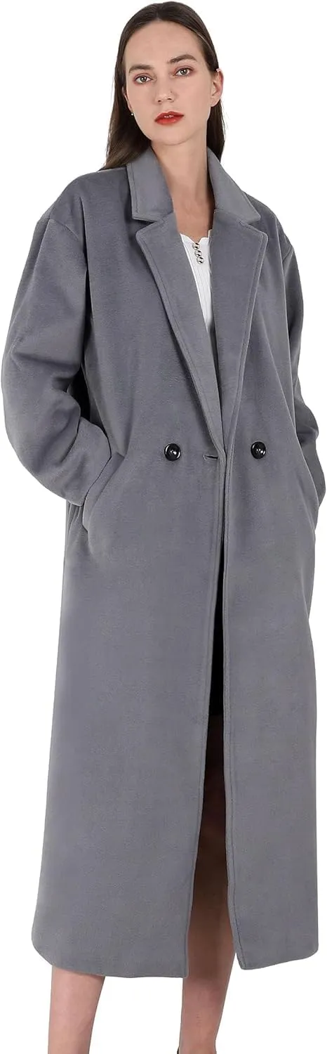 MOLERFO Women's Oversized Notched Collar Wool Blend Single Breast Midi Long Trench Coat